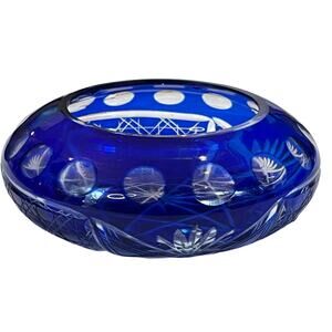 VTG Bohemian Glass Cobalt Blue Bowl Cut to Clear Crystal Glass 5” Wide 1.5” Tall